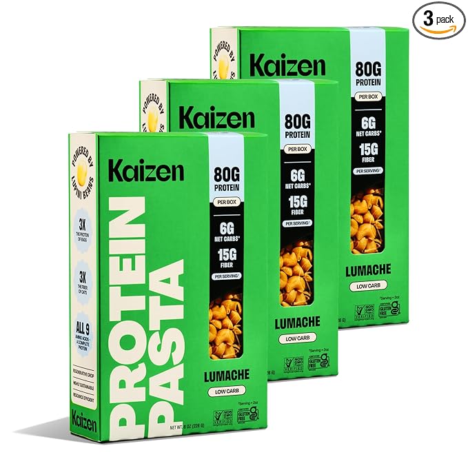 Kaizen Lumache Protein Pasta, 20g Protein, Low Carb (6g Net Carbs), Keto-Friendly, Gluten-Free, Plant-Based Lupini Noodles, High Fiber, 8 Ounce, Pack of 3