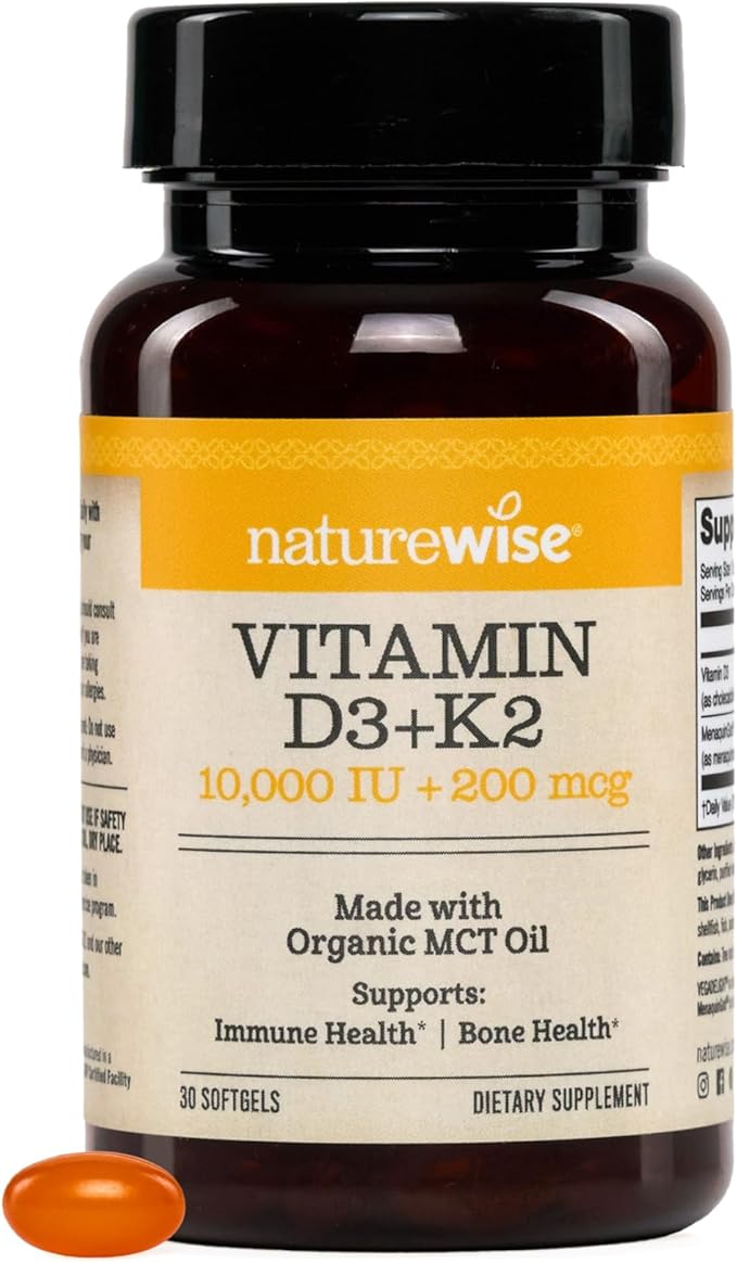 NatureWise Vegan Vitamin D3 + K2 in Organic Coconut MCT Oil - Natural D3 10000IU + Natural K2 200mcg - High Absorption Bone Support - Non-GMO - USA Manufactured - 30 Softgels[30-Day Supply]