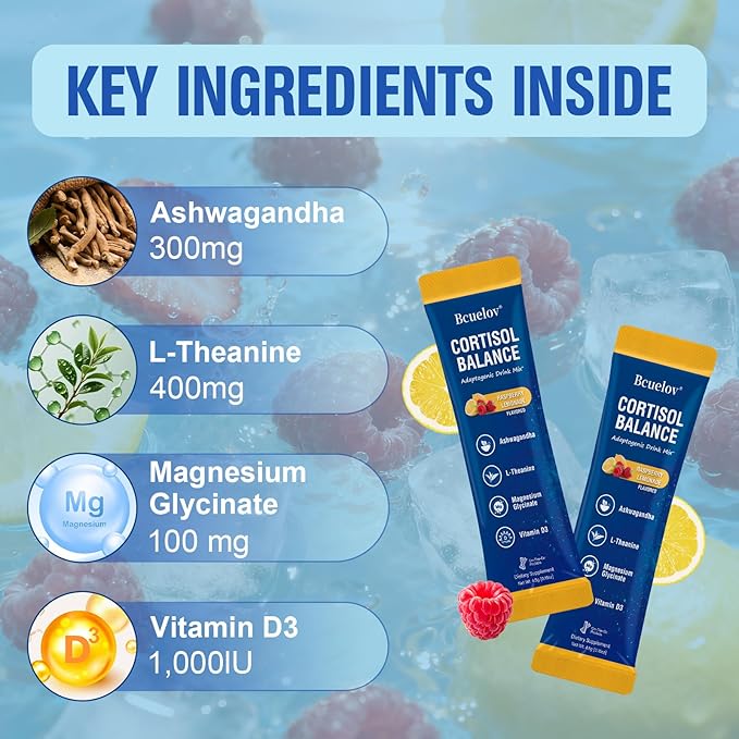 Cortisol Drink Mix, Cortisol Supplements for Women Men with Magnesium Glycinate, Ashwagandha, L-Theanine, Vitamin D 3 for Sleep & Relaxation, On The Go, 30 Ct (Raspberry Lemonade Flavor)