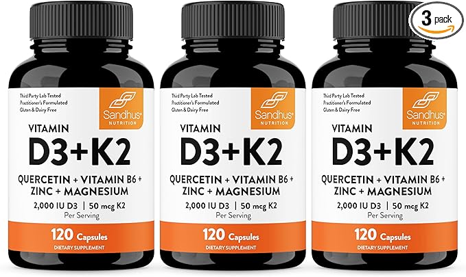 Sandhu's Vitamin D3 K2 Magnesium 2000 IU, 50mcg K2 Capsules 120 Count (Pack of 3) | with VIT B6, Zinc & Quercetin | D3K2 Supports Superior Absorption, Energy, Immune, Muscle Health for Men & Women