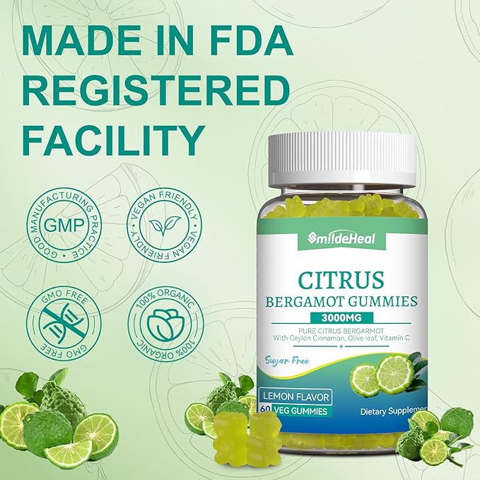 Citrus Bergamot Gummies 3000mg, Bergamot Supplement for High Cholesterol, Cholesterol Lowering Supplement for Heart, Immune System & Anti-Aging, Sugar Free Vegan 120 Gummies