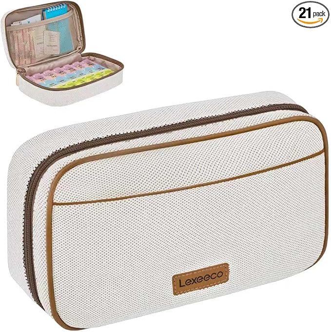 Weekly Travel Pill Organizer 3 Times A Day Pill Case for Purse with Removable 7 Day Pill Box Holder,Cute Medication Organizer Pill Container for Medicine, Vitamin, Fish Oils,Supplement (Brown, Large)