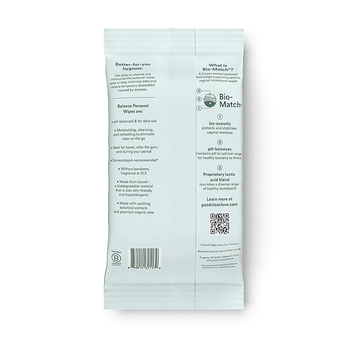 Good Clean Love Balance pH-Balanced Feminine Wipes, Supports Vaginal Health Naturally & Reduces Odor, Non-Irritating Moisturizing & Cleansing Hygiene Product Made with Organic Aloe, (60 Count)