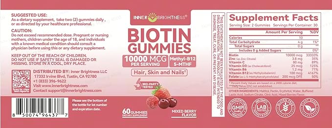 Inner Brightness Biotin Gummies 10,000 mcg – Hair, Skin and Nails Support for Women & Men – with Vitamins C, D3, B6, B12 & Folate – Mixed Berry Flavor, Sugar Free, 120 Count (2 Pack)