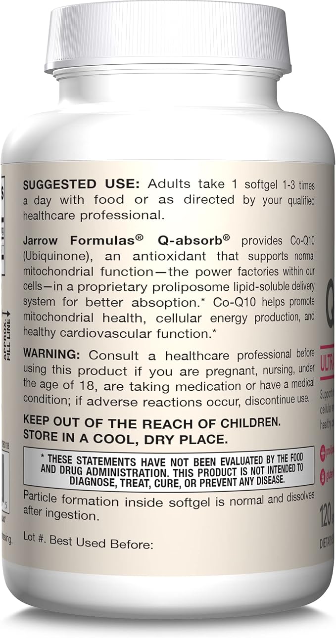 Jarrow Formulas Q-absorb Ubiquinone Co-Q10 100 mg, Dietary Supplement, Antioxidant Support for Mitochondrial Health, Cellular Energy Production and Cardiovascular Health, 120 Softgels, 120 Day Supply
