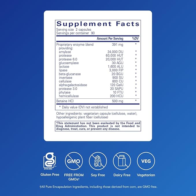 Pure Encapsulations Digestive Enzymes Ultra with Betaine HCl - Vegetarian Digestive Enzyme Supplement to Support Protein, Carb, Fiber, and Dairy Digestion* - 180 Capsules
