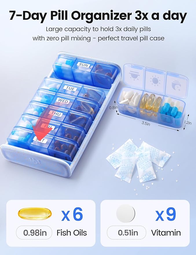 Vaydeer Metal Pill Organizer 3 Times a Day, Weekly Pill Box with Built-in Desiccant Compartment, Airtight 7 Day Travel Pill Case for Medication, Vitamins & Supplements (Rose Gold)