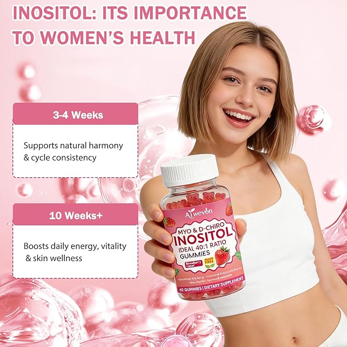 Myo-Inositol & D-Chiro Inositol Gummies 40:1 Ratio – Hormone Balance Supplement for Women – Ovarian & Fertility Support with Vitamins – Myo Chiro Inositol Gummies for Womens Health, 60 Count
