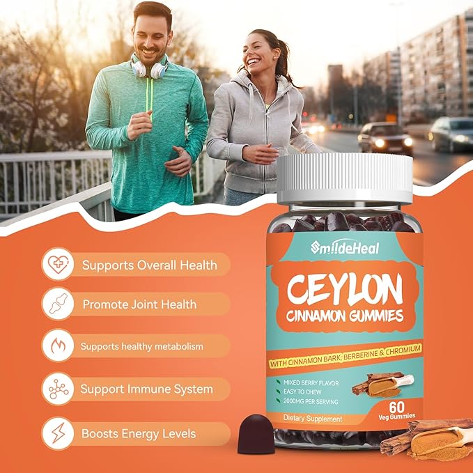 2 Pack Sugar Free Ceylon Cinnamon Gummies 2000MG, Cinnamon Supplement with Chromium and Cinnamon Bark, Vegan, Non-GMO, Gluten Free,120 Gummies