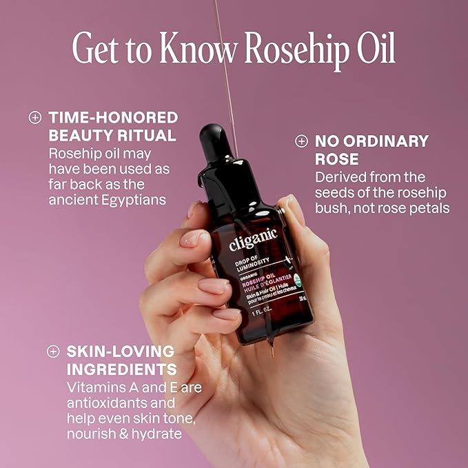 Cliganic Organic Rosehip Seed Oil for Face, 100% Pure | Natural Cold Pressed Unrefined Non-GMO | Carrier Oil for Skin, Hair & Nails (Packaging May Vary)