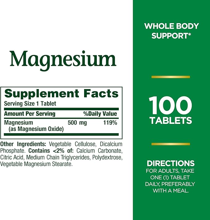 Nature's Bounty Magnesium, Mineral Supplement, Supports Bone and Muscle Health, 500 mg, Coated Tablets, 100 Count (Pack of 3)