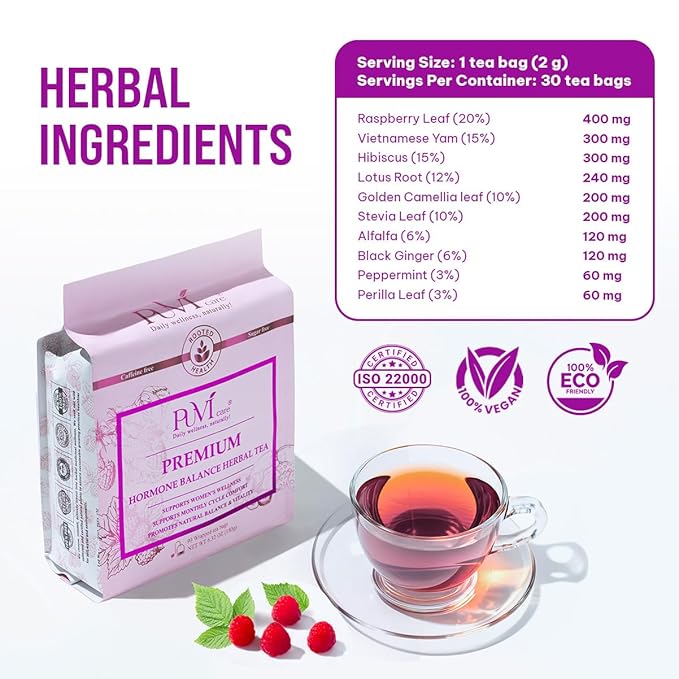 Hormone Balance Tea for Women – Raspberry Leaf, Dioscorea Persimilis, Hibiscus Tea Organic, Black Ginger for Menstrual Healthy Cycle Support, PMS & PCOS Support, Postpartum Recovery,30 Herbal Tea Bag