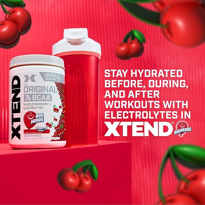 Xtend Original BCAA Powder, 7g BCAAs and 2.5g L-Glutamine for Muscle Recovery Hydration and Lean Muscle, Sugar Free Intra and Post Workout Drink with Electrolytes, Cherry Airheads, 30 Servings