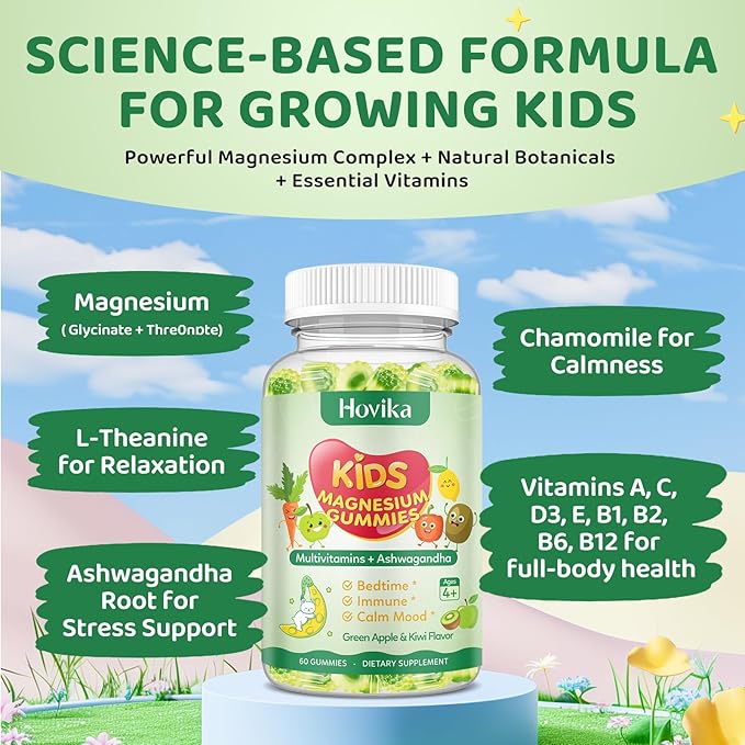 Magnesium Gummies for Kids - Magnesium Glycinate Gummies with L-Theanine, Chamomile & Multivitamins for Sleep, Calm & Focus - Green Apple & Kiwi Center-Filled Gummies 60 ct