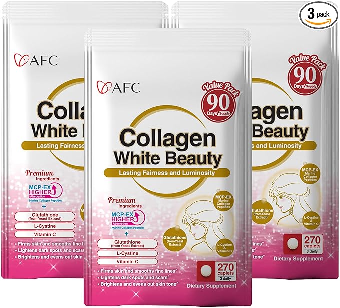 AFC Japan Collagen White Beauty with Marine Collagen Peptide, Glutathione, L-Cystine - 1.5X Better Absorption Than Other Collagen – Supports Skin Firmness & Radiance x3 Packs – 270 Days Supply