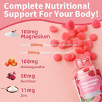Magnesium Glycinate Gummies, Sugar Free Magnesium Supplement w/Ashwagandha, Zinc, Vegan Magnesium Glycinate Supplement for Adults - 120 Strawberry Gummies