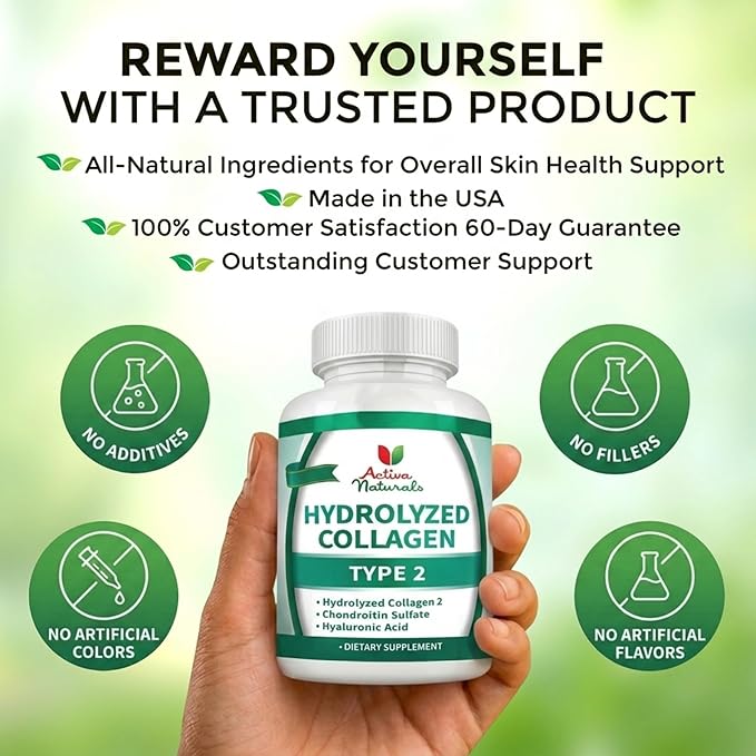 Collagen Type 2 Hydrolyzed Supplement with Chondroitin and Hyaluronic, for Healthy Hair, Skin, and Nails, No Fillers, Additives, and No Artificial Colors - 120 Vegetarian Capsules