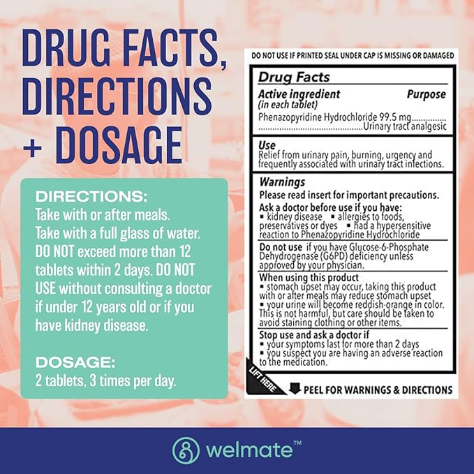 WELMATE Urinary Pain UTI Relief Maximum Strength (Phenazopyridine HCL) - Improve Urinary Tract Health & Bladder Control, Urgency, & Discomfort | Over-The-Counter Medication for Men & Women (120 Pills)