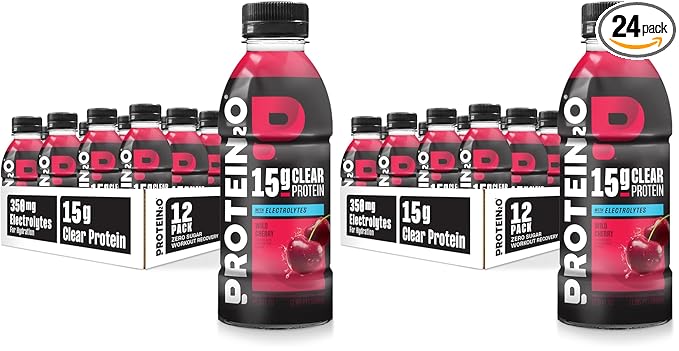 Protein2o Hydration Drink - 2-in-1 Liquid Clear Whey Protein Isolate and Electrolyte Drink - 15g Protein,Vitamins B5,B6 - Post-Workout Recovery - 16.9 Fl Oz - Wild Cherry,(Pack of 24)