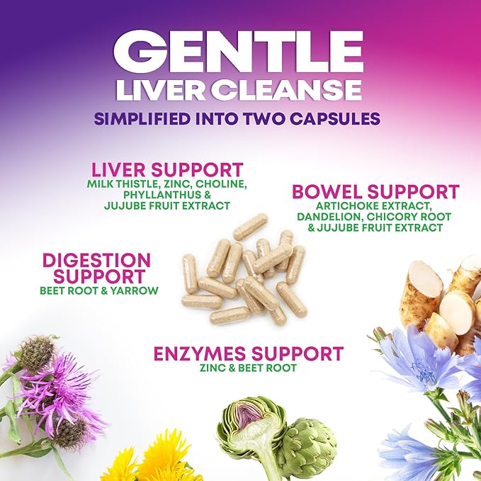 Gentle Liver Cleanse Detox & Repair Formula - Advanced Liver Support Supplement with Silymarin Milk Thistle, Dandelion Root, Artichoke Extract, Turmeric, Choline, & Beetroot - 240 Veggie Capsules