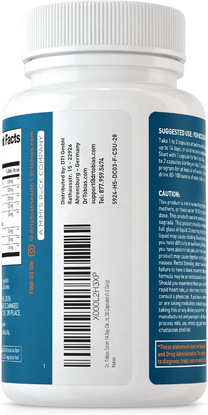 Dr. Tobias Colon Cleanse - Constipation Relief & Gut Health Support for Women & Men | 14 Day Colon Cleanser for a Gentle Colon Detox & Gut Flush - 4 Bottles of 28 Capsules