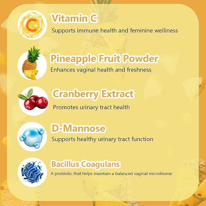 Feminine Probiotics Gummies, Vaginal Health & Women's pH Balance Gummy Supplement with Cranberry Pineapple Powder, Sugar Free Vegan, 60 Count (Pineapple)