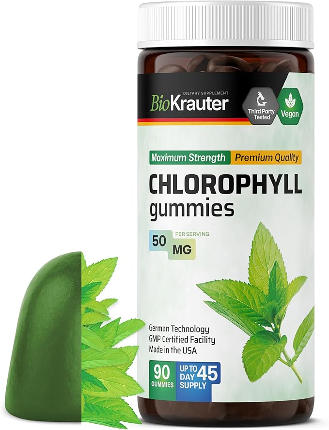BIO KRAUTER® Chlorophyll Gummies for Body Odor & Detox Support - Vegan Chlorophyll Supplements for Women & Men - Natural internal Deodorant - 90 Detox Gummies, 45 Days of Supply, Apple Flavor, Non-GMO