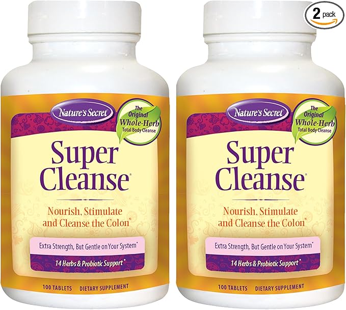 Nature’s Secret Super Cleanse - Extra Strength Colon Cleanse with 14 Herbs & Probiotic Support - Promotes Gut Health Detox Cleanse & Digestive Support Gentle Elimination Formula - 100 Tablets (2 Pack)