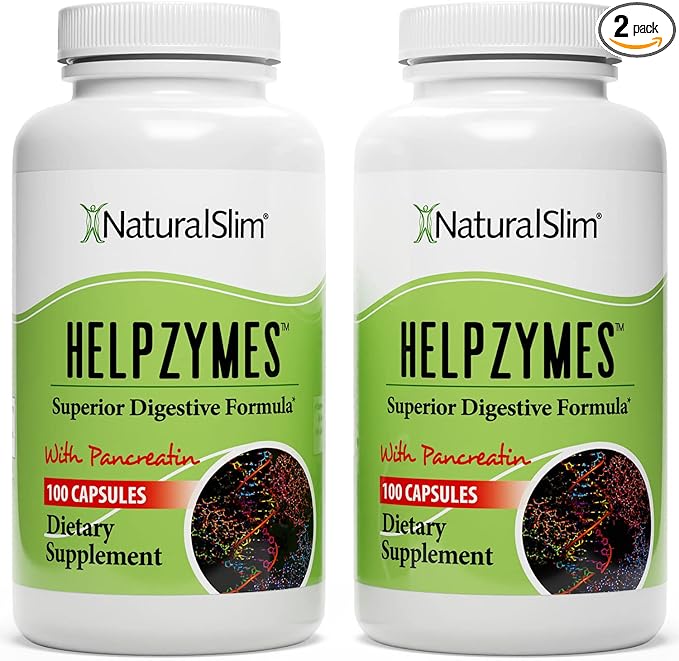 NaturalSlim Digestive Enzymes for Women & Men - Helpzymes Essential Enzymes for Digestion, Gut Health, Gas Bloating with Bromelain, Ox Bile, Pancreatin. & Betaine HCL - 100 Capsules 2pk