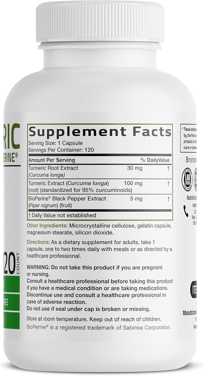 Bronson Turmeric Curcumin with BioPerine - High Potency Premium Joint Support with 95% Standardized Curcuminoids - Non-GMO Capsules with Black Pepper - 120 Count
