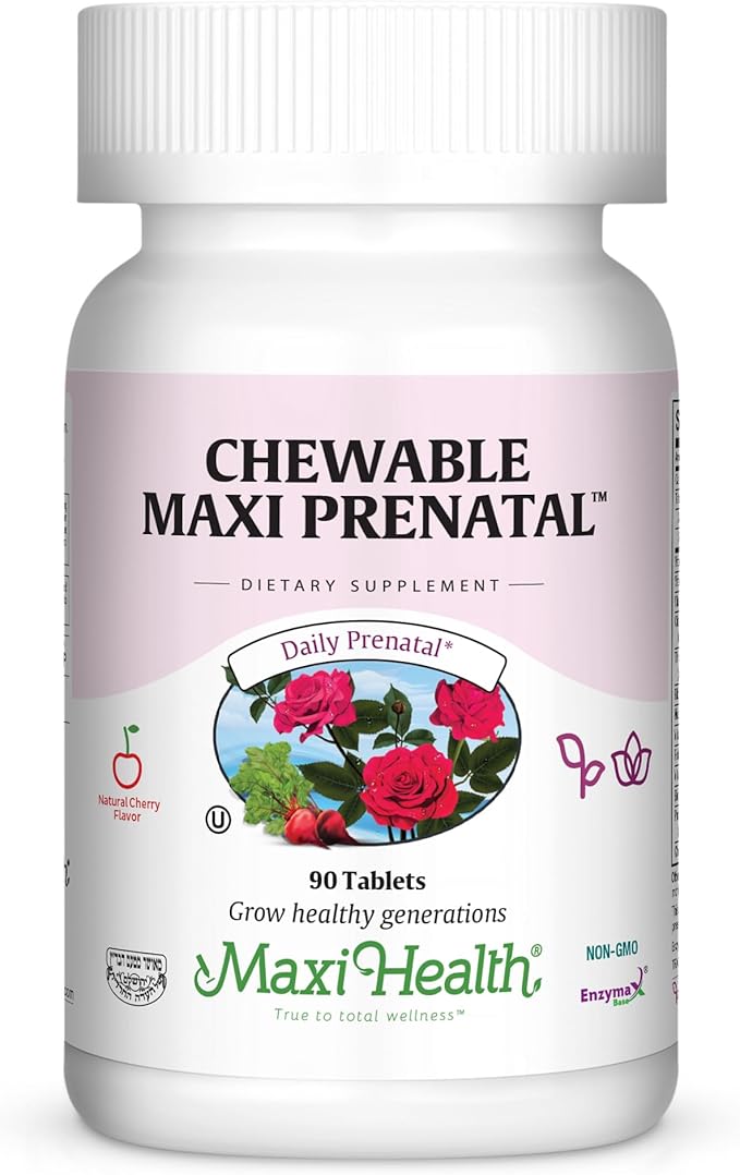 Maxi Health Chewable Prenatal Vitamins for Women – Prenatal with Iron, Biotin, Pantothenic Acid, & Magnesium – Kosher, Cherry Flavor Pregnancy Vitamins – 90 Tablets