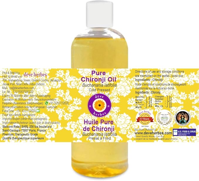 dève herbes Pure Chironji Oil (Buchanania latifolia) 100% Natural Therapeutic Grade Cold Pressed 200ml (6.76 oz)