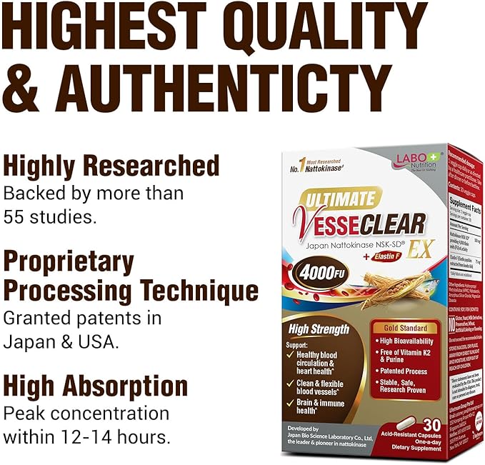 LABO Nutrition Ultimate VesseCLEAR EX Nattokinase NSK-SD 4000FU & Elastin F, Vessel Circulation & Brain Health Support, Japanese Supplement Shelf Stable Acid Resistant DRCaps Delayed Release Capsules
