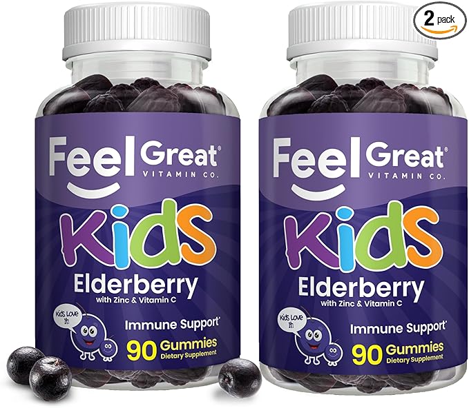 Feel Great Vitamin Co. Elderberry Gummies for Kids | Immune Support | Natural Antioxidant Immune Booster | with Vitamin C and Zinc | Gluten Free & Vegetarian | 90 ct 2 Pack