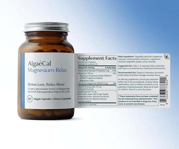 AlgaeCal Magnesium Relax™ - Chelated Magnesium with Ashwagandha for Sleep & Stress - Glycinate, Malate, Citrate - Sleep, Mood, & Cortisol Support (4 Months Supply)