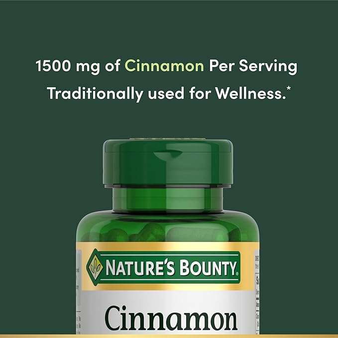 Nature's Bounty Cinnamon Capsules, Herbal Supplement, Supports Sugar Metabolism, 1500mg, 100 Capsules