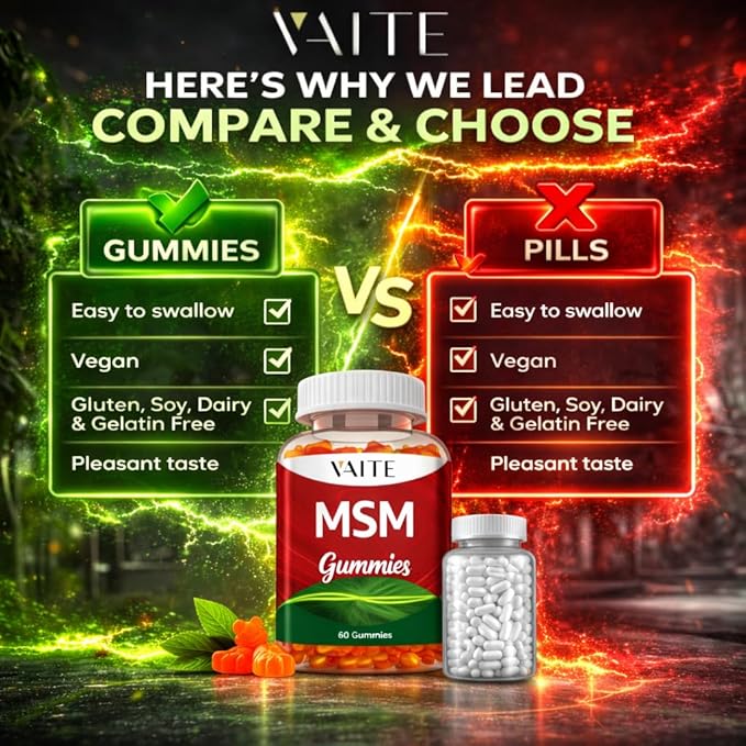 VAITE MSM Supplements for Men & Women 2000mg - Joint Support, Hair, Skin & Nails, Sulfur Supplement - Vegan, Non-GMO, Gluten-Free - Skip Hard-to-Swallow Capsules & Powder - Easy to Take 60 Gummies