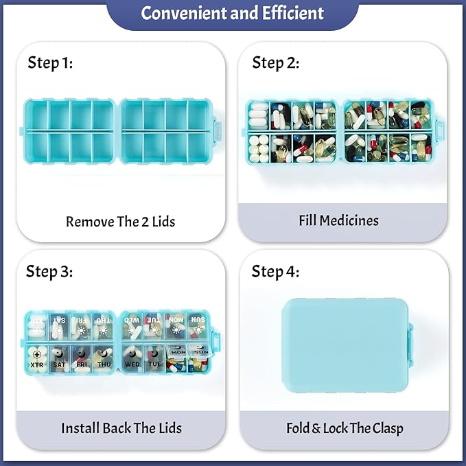 Foldable Weekly Pill Organizer 2 Times a Day with 2 Extra Compartments (Clear Printed Labels) - Portable 7 Day AM PM Medicine Box, Week Daily Travel Pill Case Holder for Vitamin, Supplement - Sky Blue