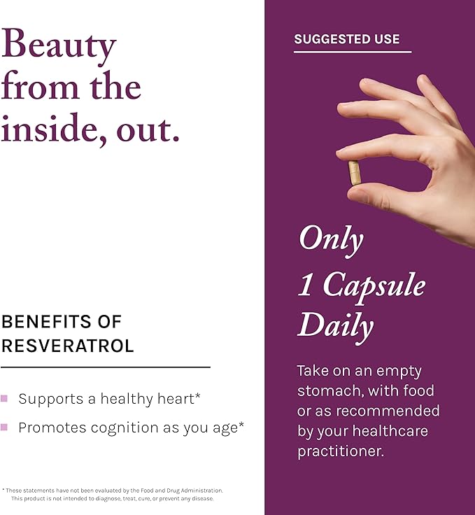 Reserveage Beauty, Resveratrol 100 mg, Antioxidant Supplement for Heart and Cellular Health, Supports Healthy Aging and Immune System, Paleo, Keto, 60 Capsules (60 Servings)