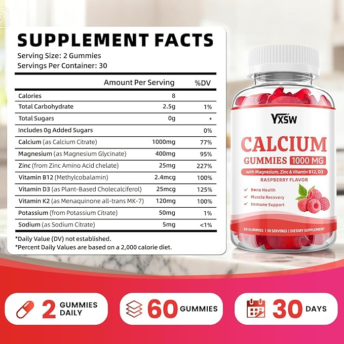 Calcium Gummies 1000mg with Vitamin D3 K2 & B12 Complex, High Absorption Potassium, Calcium Magnesium Zinc Supplement for Bone, Muscle, Mood and Immunity Support, Raspberry Flavor, 120 Count