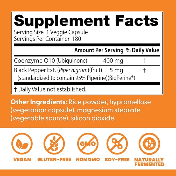 Doctor's Best High Absorption CoQ10 400mg with BioPerine Supplement - Coenzyme Q10 Caps for Heart Health & Antioxidant Support, CoQ10 400 mg for Women & Men, Non GMO - 180 Veg Capsules