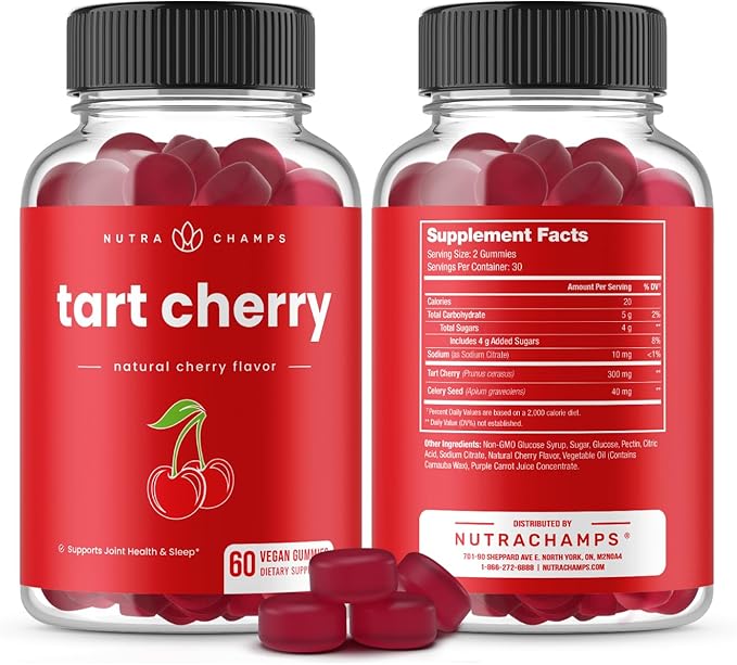 NutraChamps Tart Cherry Gummies - Tart Cherry Extract with Celery Seed - 60 Vegan Gummies (2-Pack)