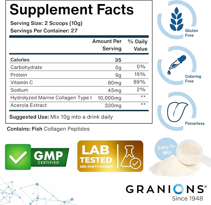Marine Collagen Powder Unflavored - 10g Type I Hydrolyzed Collagen Peptides with Natural Acerola Vitamin C Antioxidant - Hair, Skin, Nails Vitamins for Women & Men- Pro-Aging Beauty Supplement - 9.8oz
