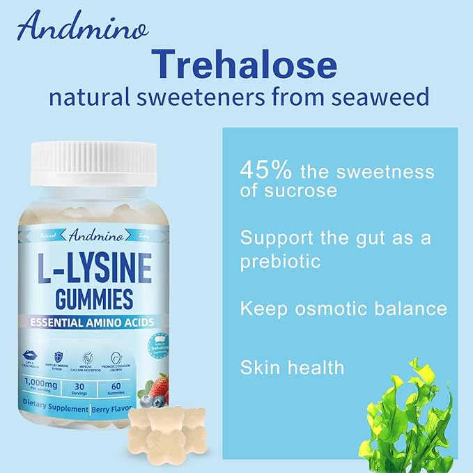 L-Lysine Gummies 1000 mg, with Trehalose, L Lysine Gummies for Lips & Oral Wellness, Immune Support & Collagen & Calcium, for Adults & Kids, Non-GMO, Vegan, Gluten Free, Berry Flavor, 120
