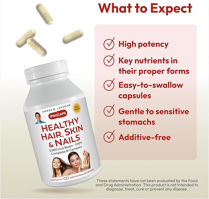 ANDREW LESSMAN Healthy Hair, Skin and Nails 360 Capsules - 3000 mcg High Bioactivity Biotin, B-Complex. Promotes Beautiful Skin, Strong Nails. No Additives Hair Growth Vitamins Biotin Supplement