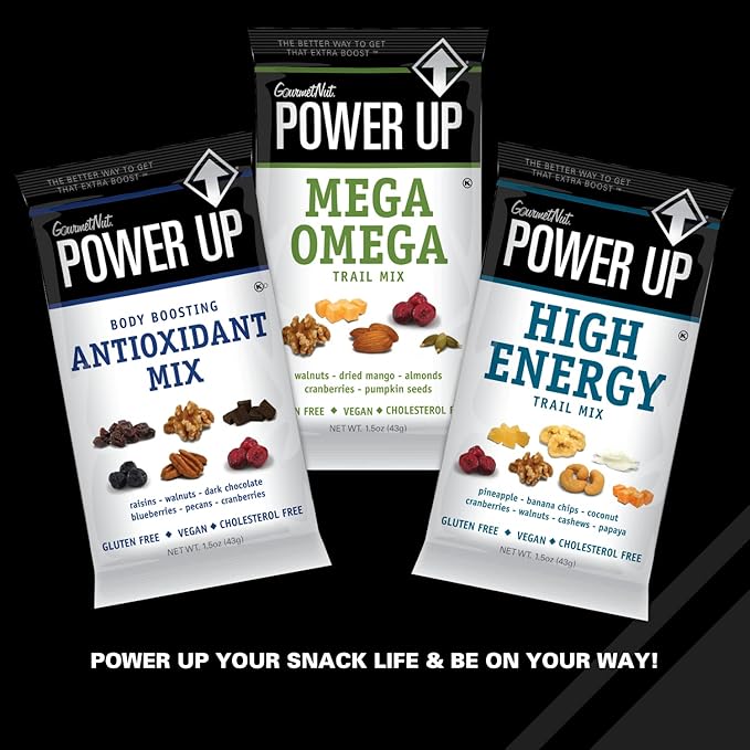 Gourmet Nut Power Up Trail Mix, 2 Pack of 36 Ounce Bags - 100% Natural, Mega Omega Blend, High Energy Snack Assorted - 48 Count Individually Wrapped Packs