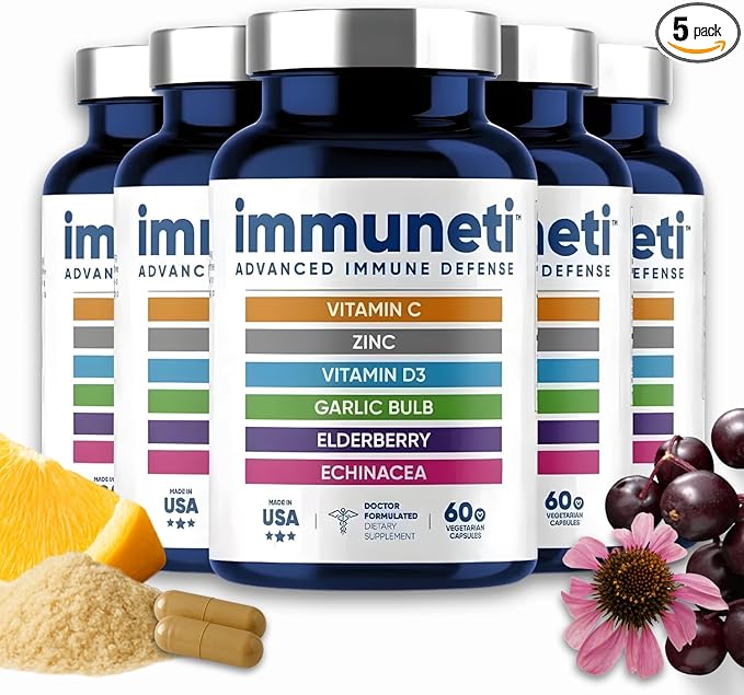 Immuneti Advanced Immune Support – Doctor Formulated 6-in-1 Daily Immunity Supplement – Made in USA – With Vitamin C, D3, Zinc, Elderberry, Garlic & Echinacea - Vital Nutrients & Antioxidants (5)