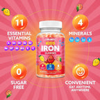 Iron Gummies for Kids & Teens, Kids Multivitamin with Iron Supplement, Calcium, Folate, Zinc, Prebiotic - for Blood Builder & Energy Support, Iron Deficiency - Vegan & Non-GMO - Mango & Peach