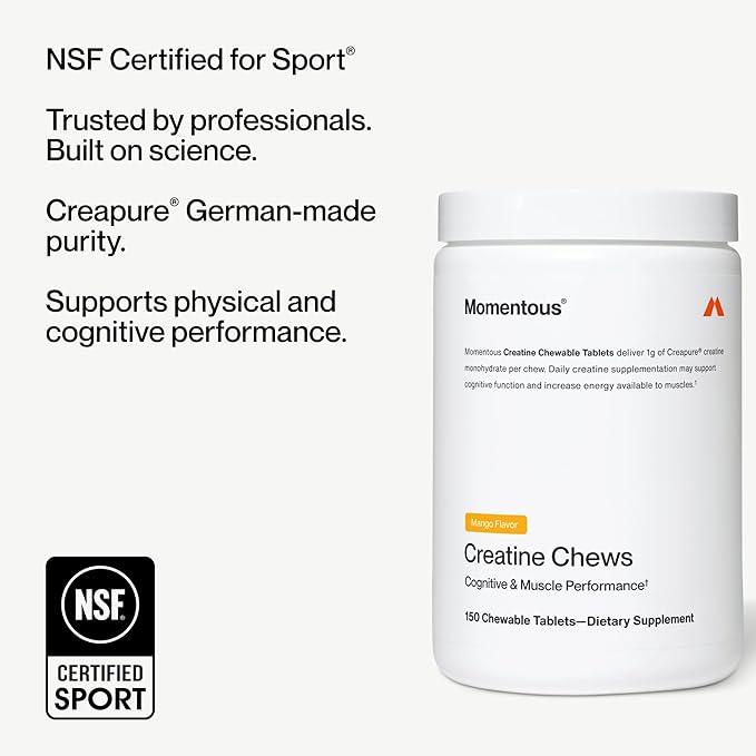 Momentous Creatine Chews - Creatine Monohydrate - Supports Strength, Lean Muscle, & Recovery for Men & Women - NSF Certified for Sport - 150 Chewable Tablets - Mango