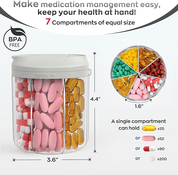 HIONXMGA Pill Dispenser with 7 Large Compartments, Pill Bottle Organizer for Travel, Supplement Organizer with Anti-Mixing Design, BPA-Free Pill Container with 20 Pcs Labels, Grey